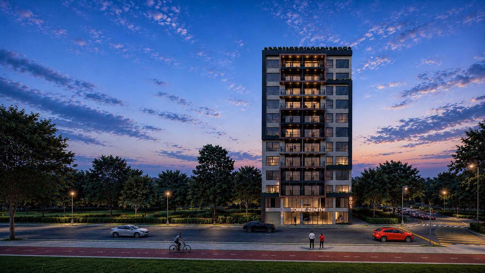 Render del edificio Residencial Torre Zenith al atardecer